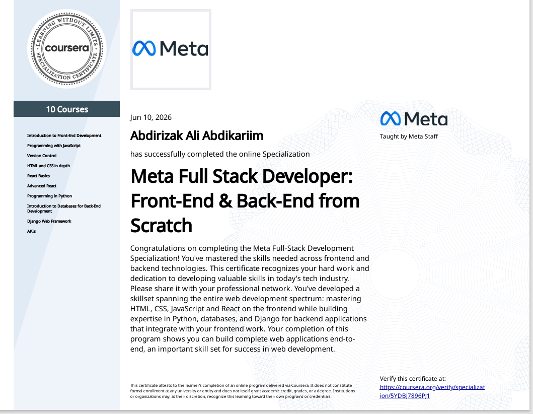 Meta Full Stack Developer Professional Certificate