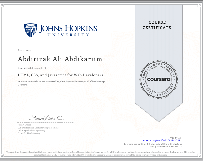 Johns Hopkins University HTML, CSS, and JavaScript Certificate